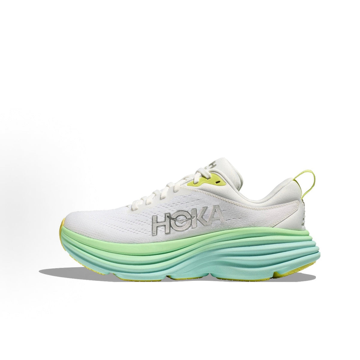 HOKA ONE ONE Bondi 8 Women's Low-Top Running Shoes, Round-Toe, Lace-Up, Slip-Resistant and Durable, White/Blue, Wide Fit
